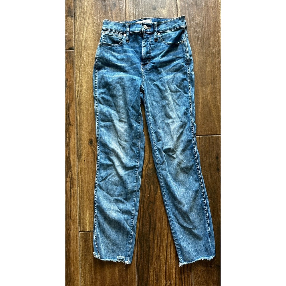Madewell Stovepipe Jeans High Rise Raw Hem Straight Leg Blue Denim Size‎ 24